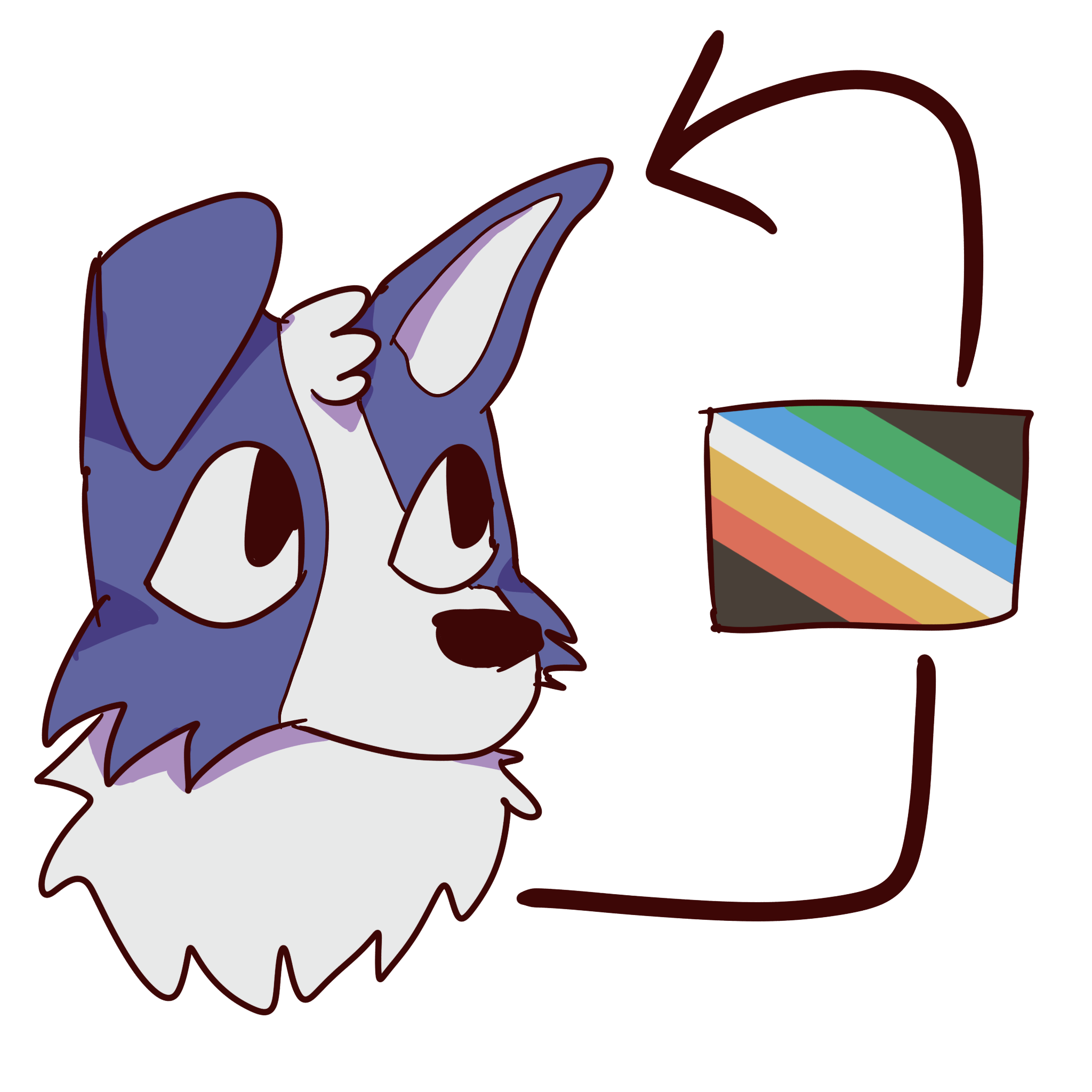 image of a blue dog with an arrow with a disability flag pointing back around at it